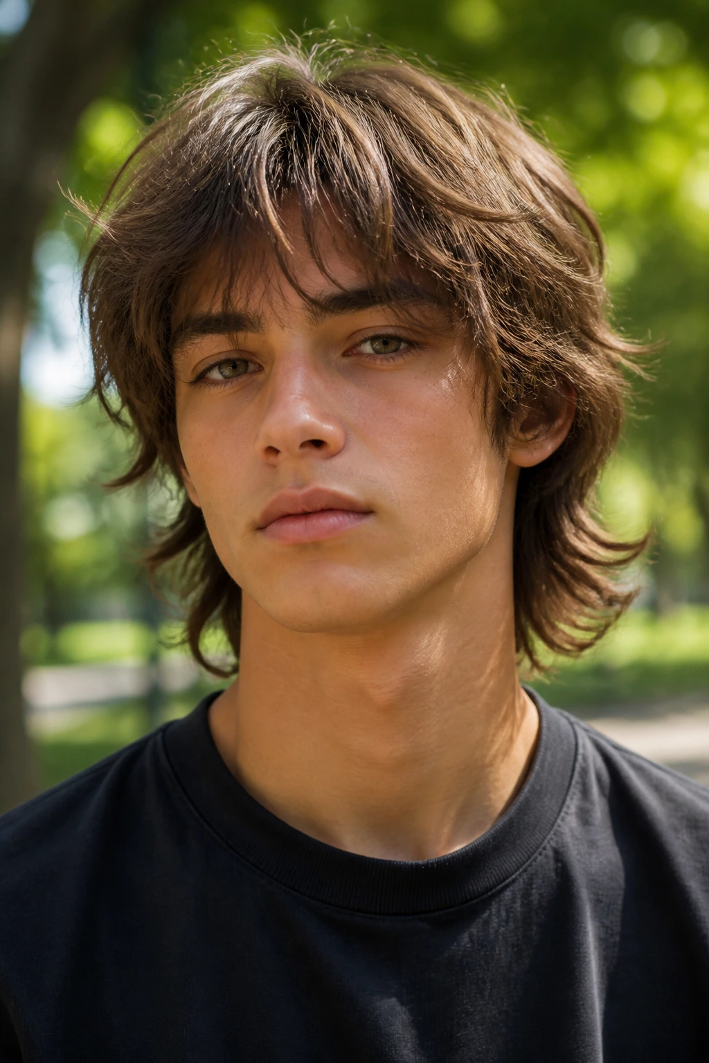 Close-up of a young man with shaggy layered hair in a park