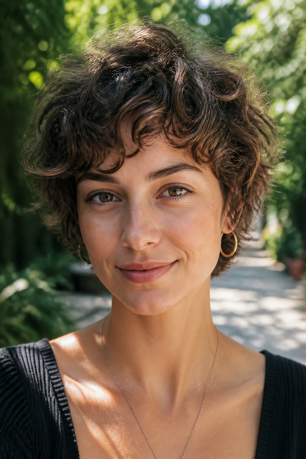 Portrait of a real woman with a shaggy pixie-bob hairstyle outdoors