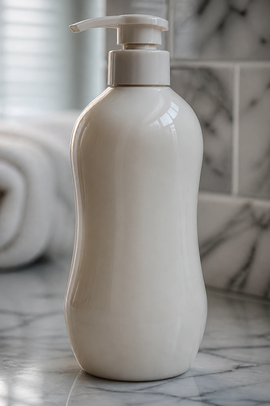 Close-up of an unlabeled shampoo bottle on a marble bathroom counter.
