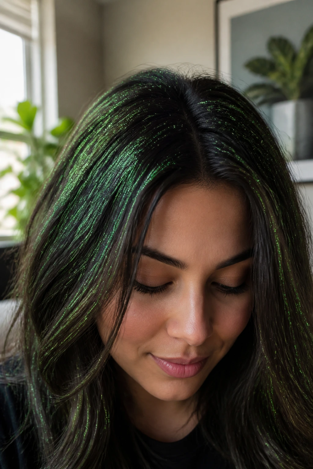 Real woman with dark hair showing shamrock green glitter highlights on fine strands