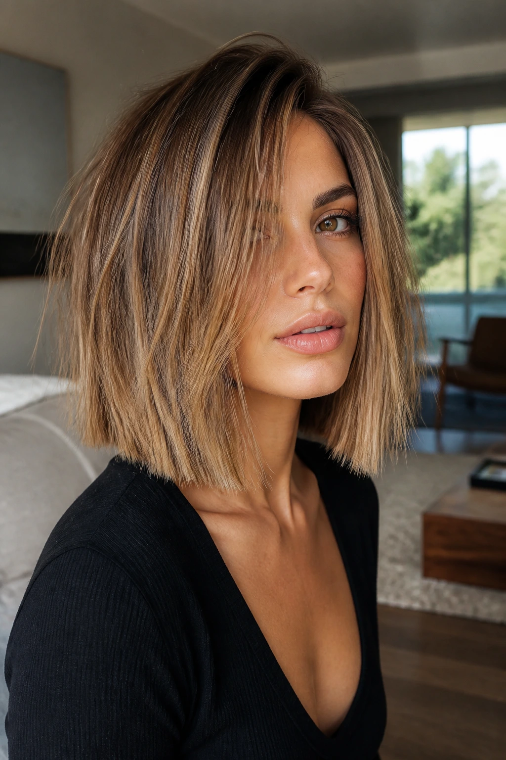 Portrait of real person with shattered blunt cut hair texture