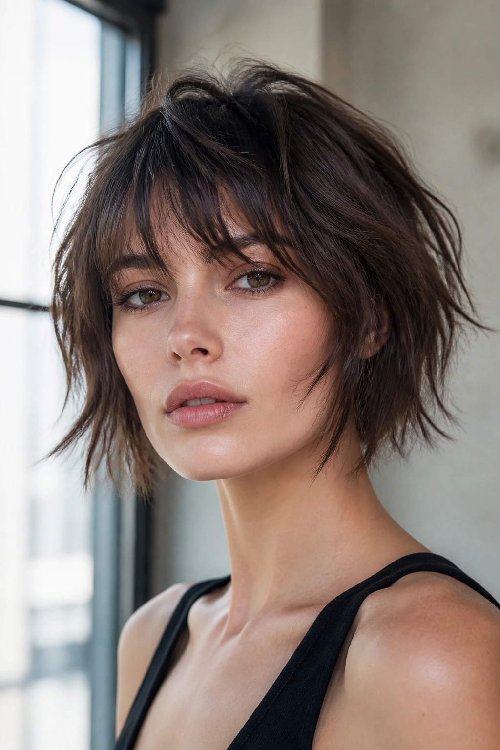 Close-up of a real woman with a shattered, wispy-ended bob.