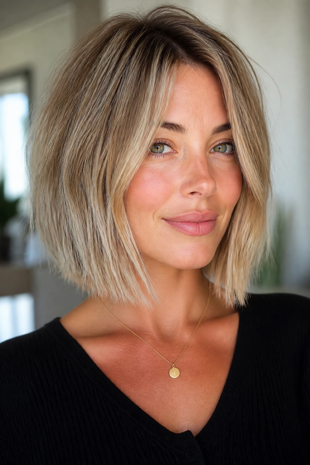 Portrait of a woman with shattered-edge lob showing uneven, point-cut ends