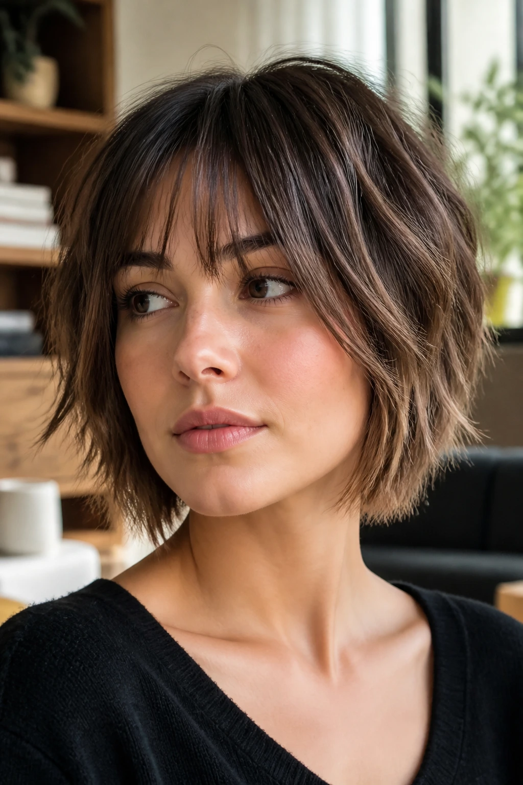 Close-up of a real woman with jagged razor-cut ends on a bob in warm window light