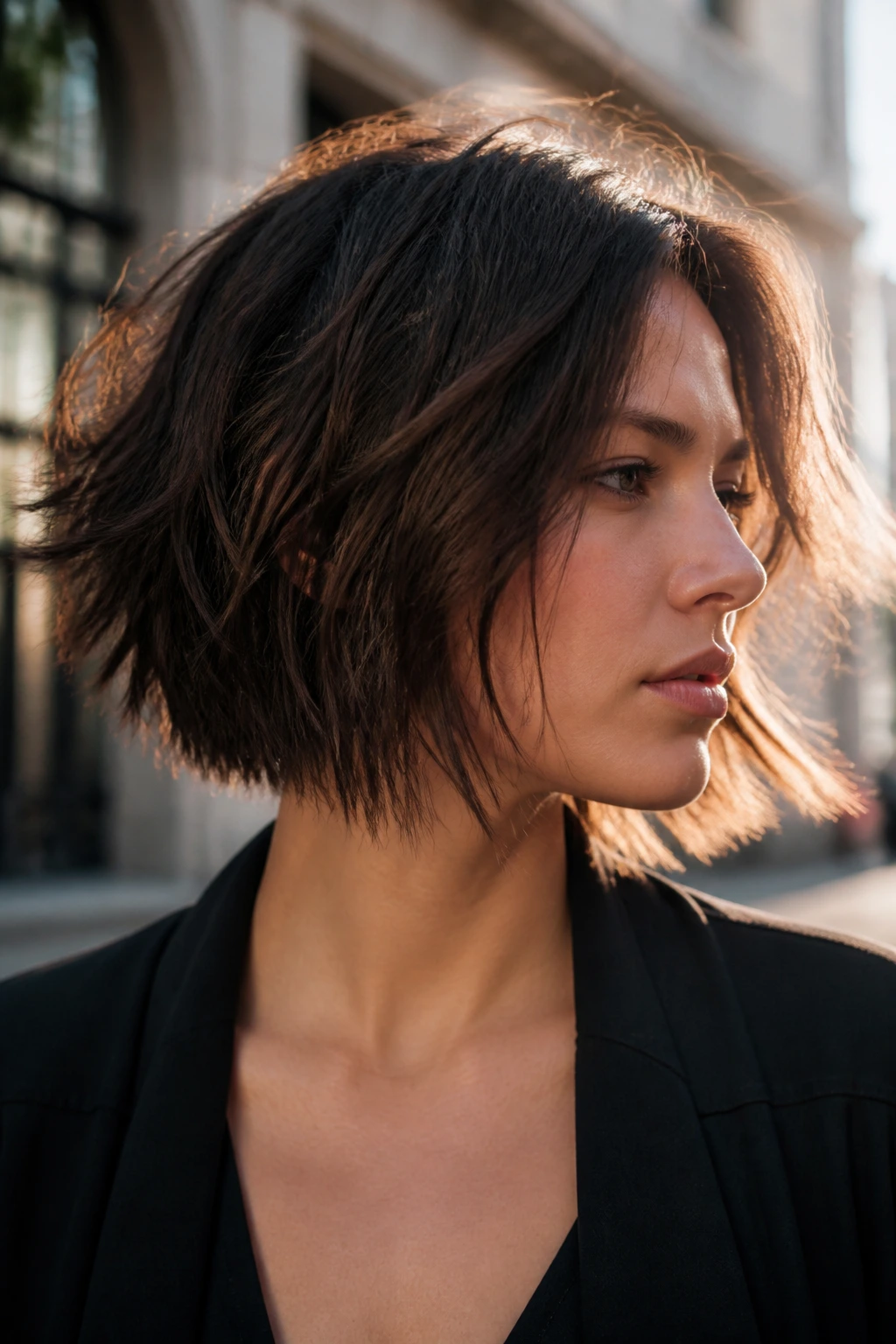 Close-up portrait of a real woman with a shattered perimeter bob hairstyle in natural light