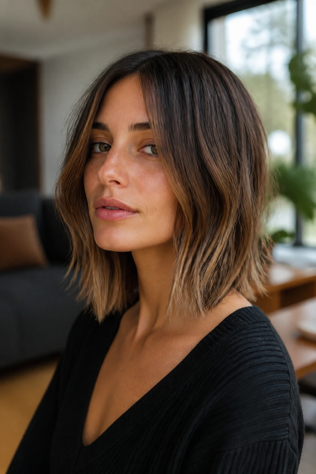 Portrait of a real person with a shattered perimeter lob and textured ends