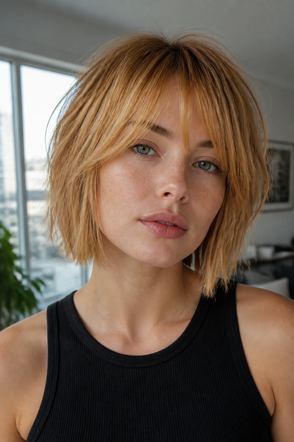 Close-up of a woman with a shattered strawberry blonde bob and thick bangs.