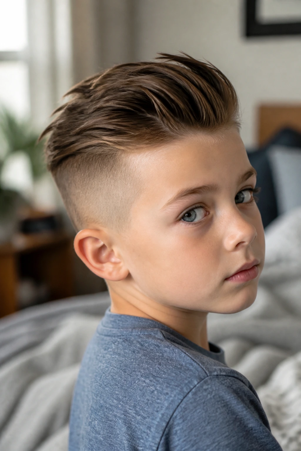Close-up of a child with shaved sides and a long top hairstyle