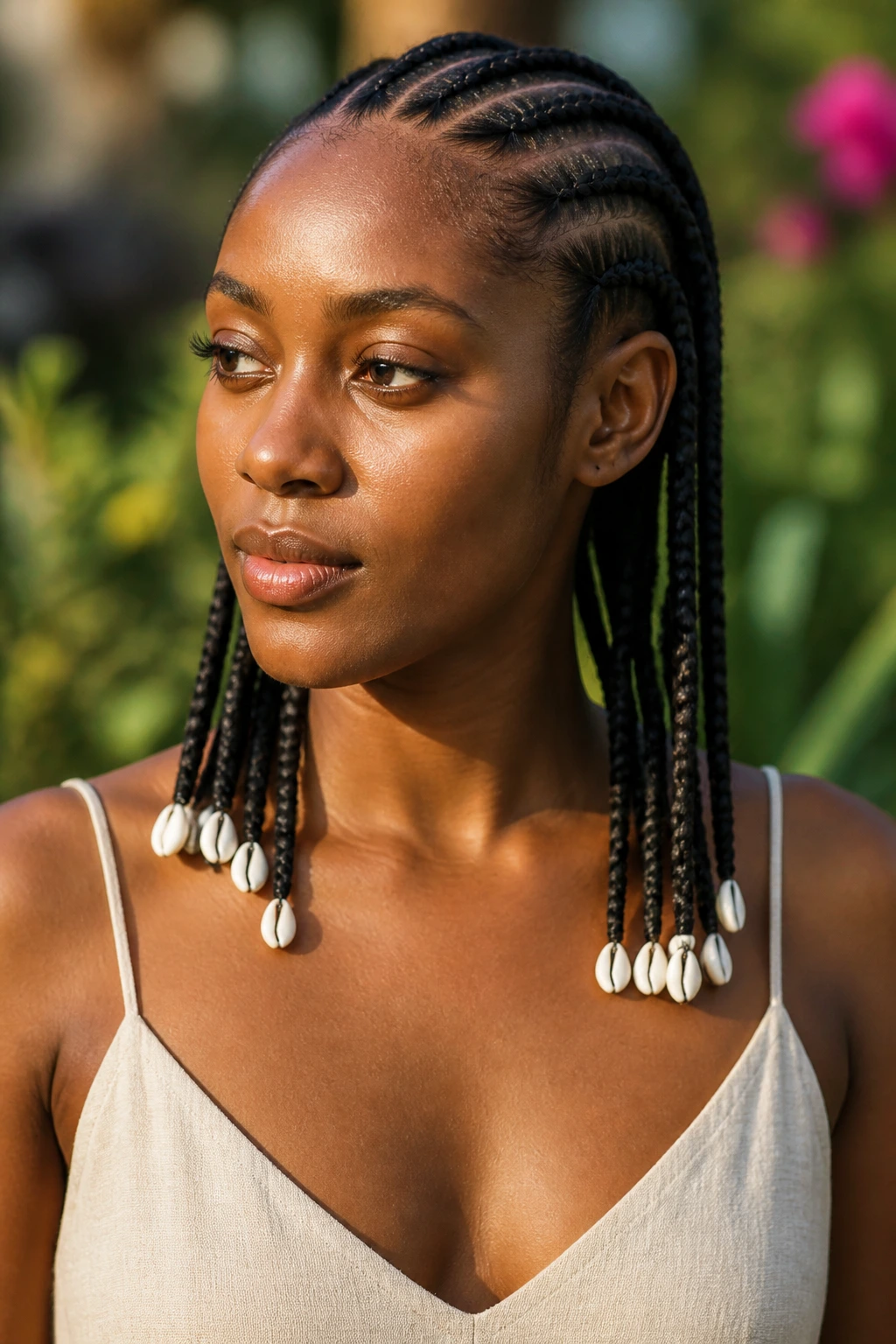 Real person with cornrows ending in cowrie shells