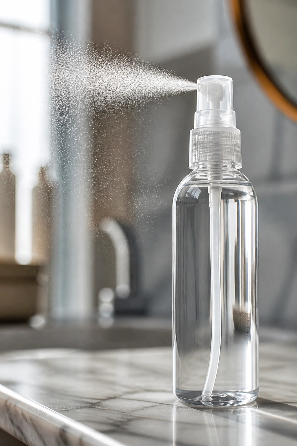Shine spray bottle releasing a fine mist on a marble bathroom counter