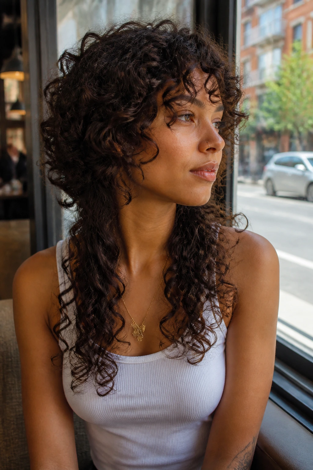 Close-up side portrait of a real person with short back and long front butterfly curls