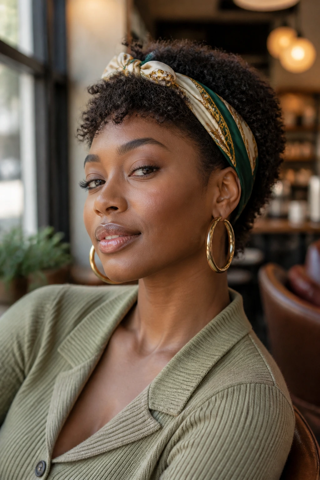 Close-up of a real person with a short bob wearing oversized gold hoops and a silk headscarf in an urban cafe.