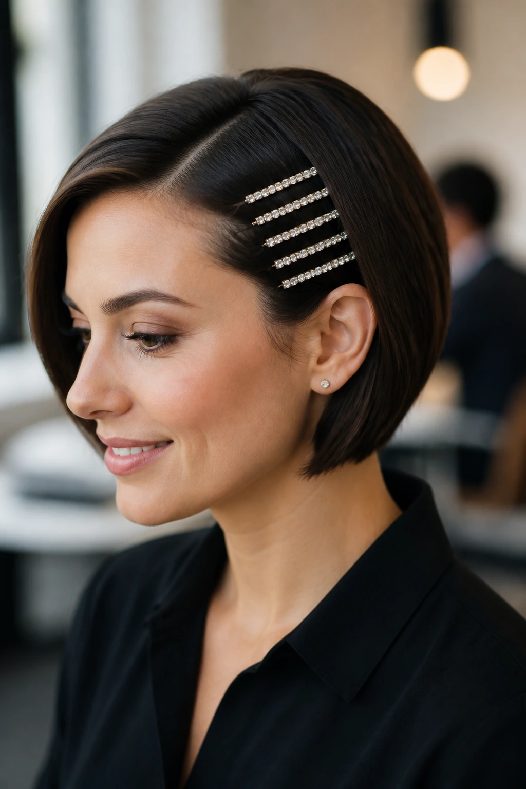 Close-up of a short bob with a 3x3 grid of jeweled pins on one side