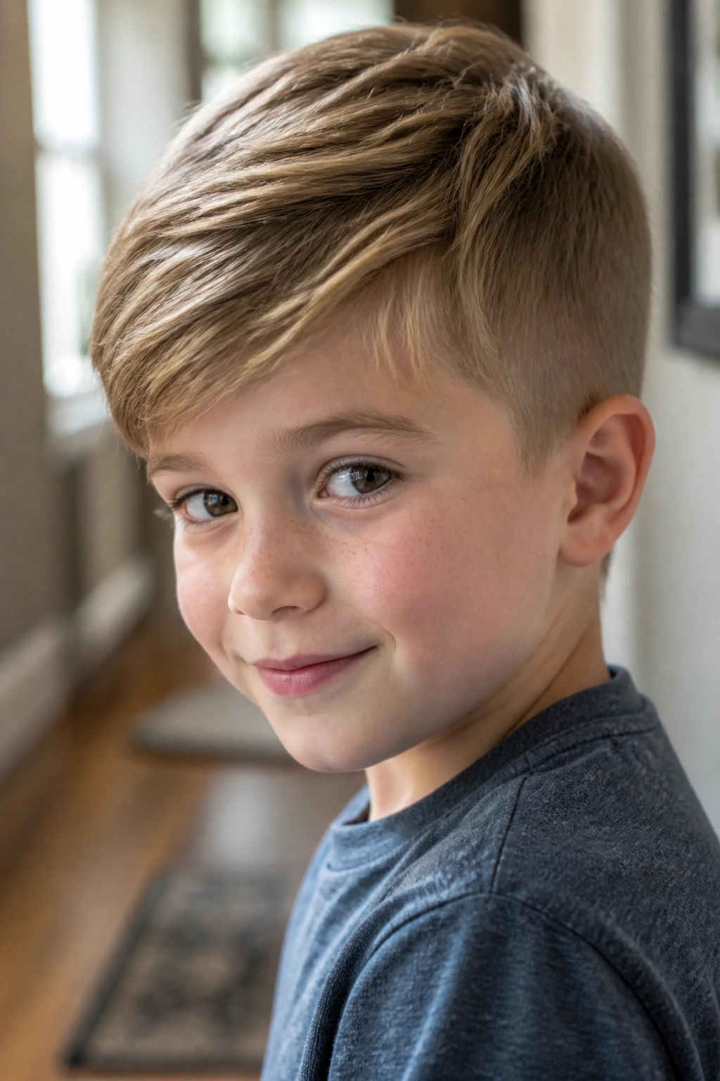 Close-up of a real child with a short crop and side-swept bangs