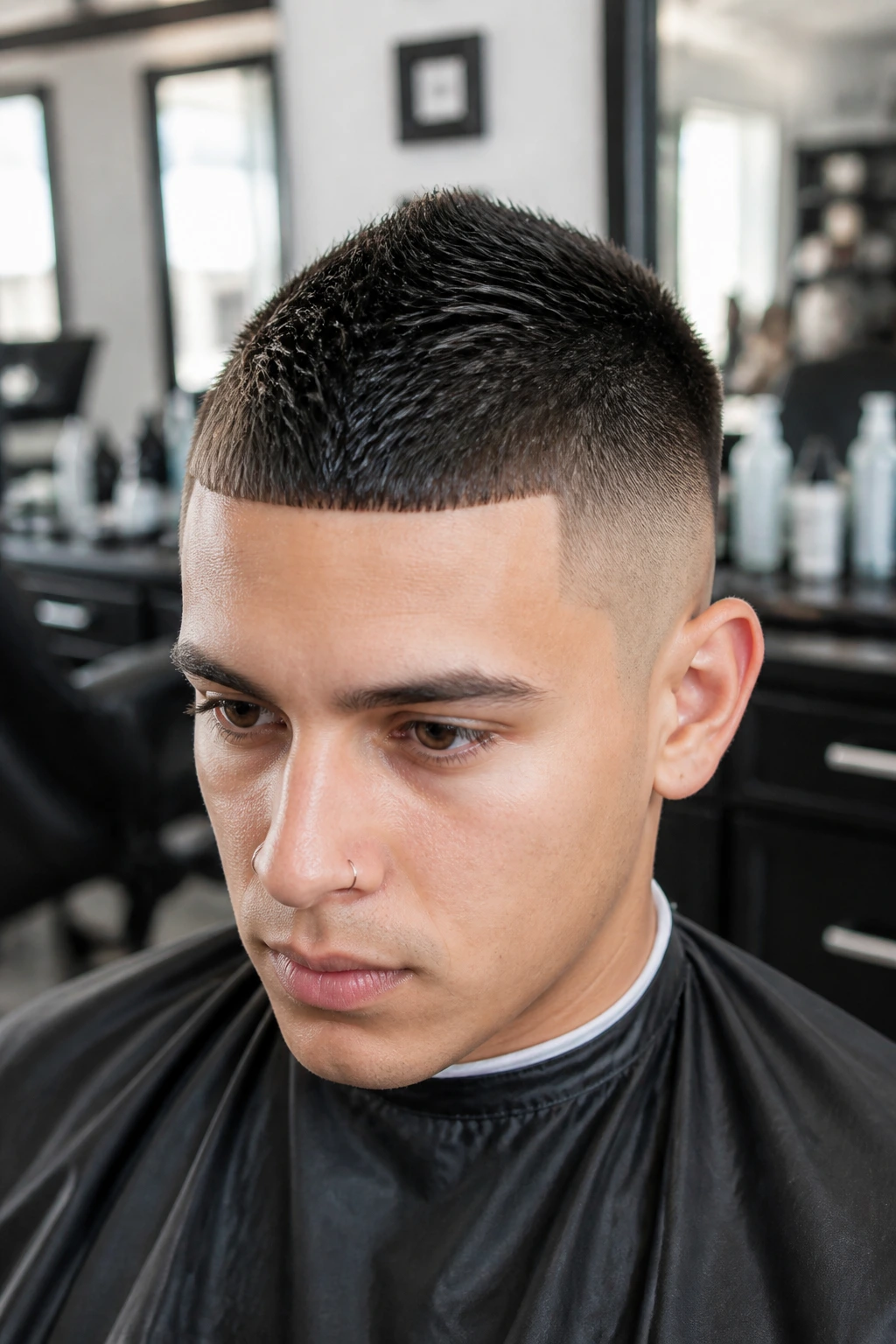 Close-up portrait of The Short-Crop Fohawk with minimal top on a real man.