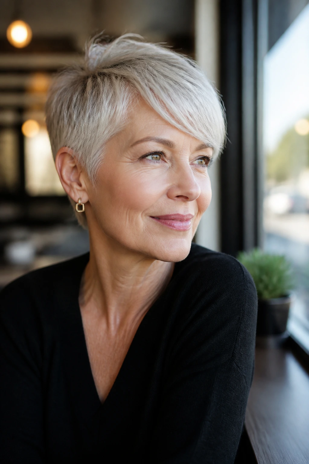 Close-up of a real woman with a short crop and side-swept bangs
