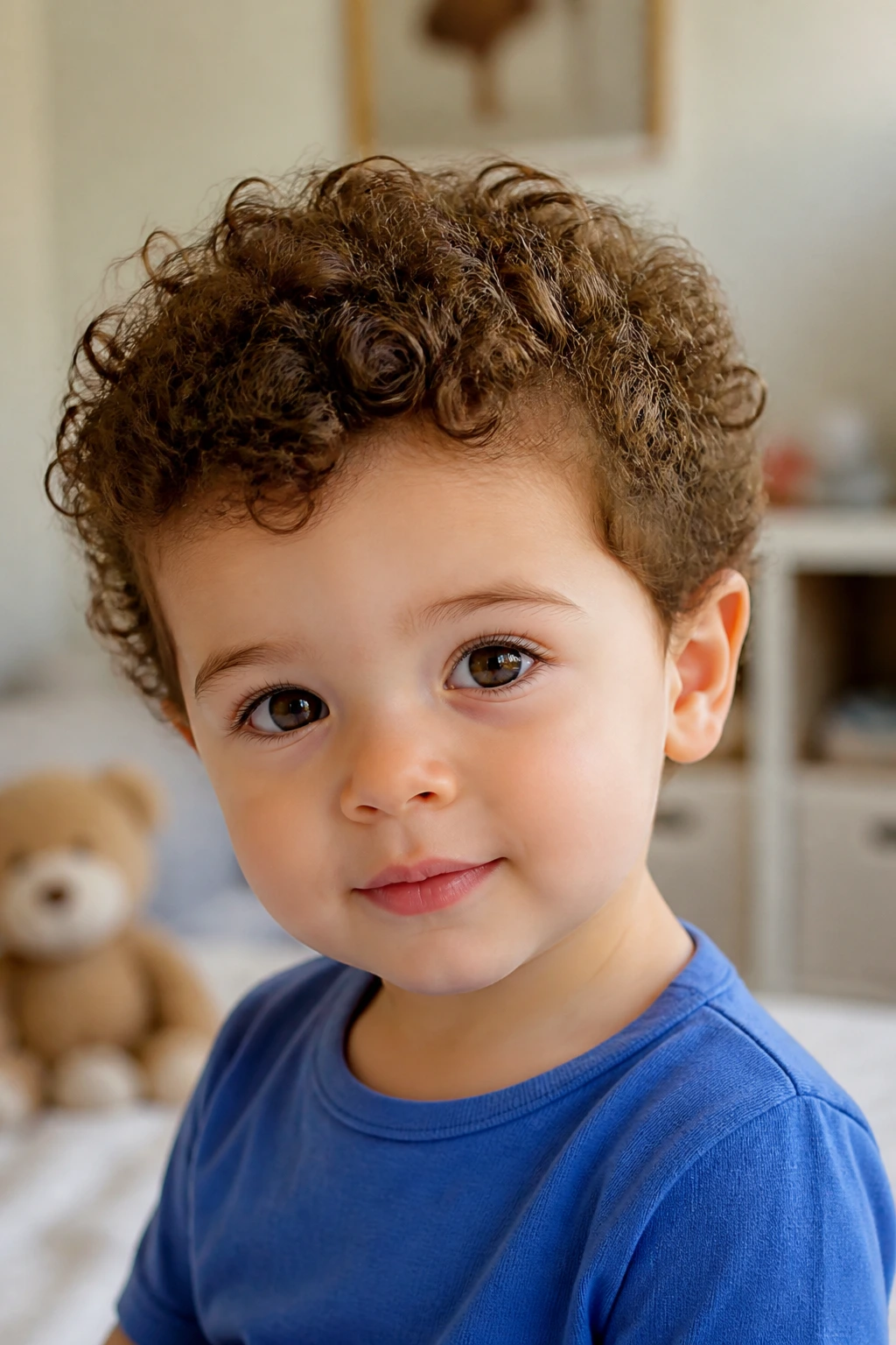 Close-up toddler with short curly crop.