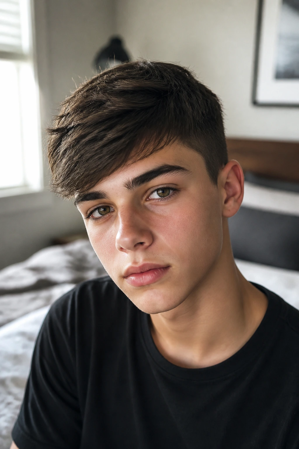 Close-up of teenage boy with short side-swept fringe in a bedroom.