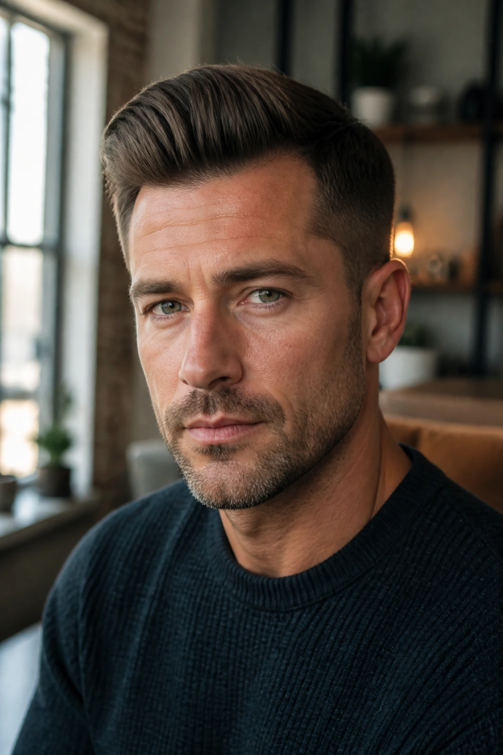 Man with short pompadour hairstyle in cozy apartment setting.