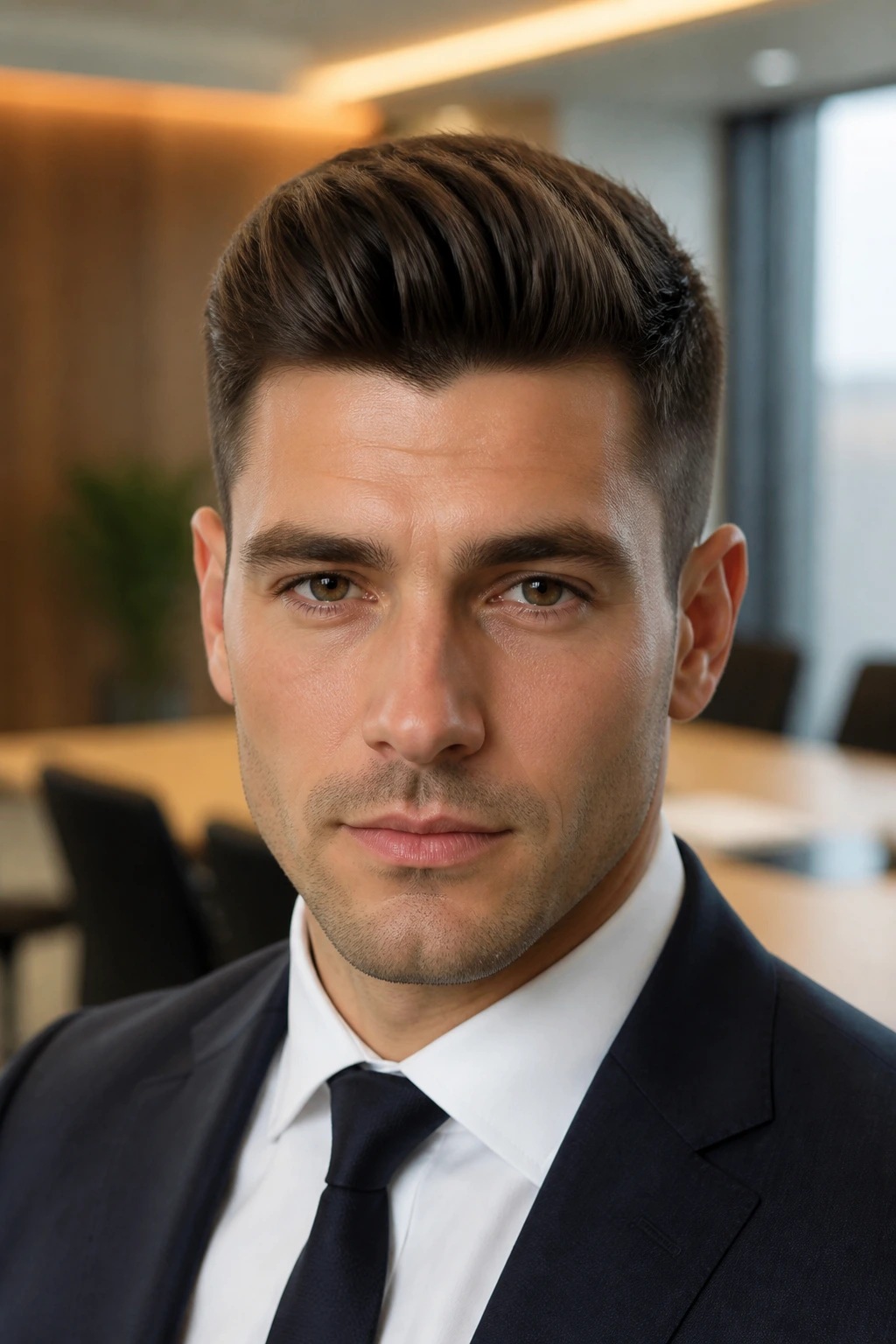 Portrait of a man with a short pompadour hairstyle in a modern conference room.