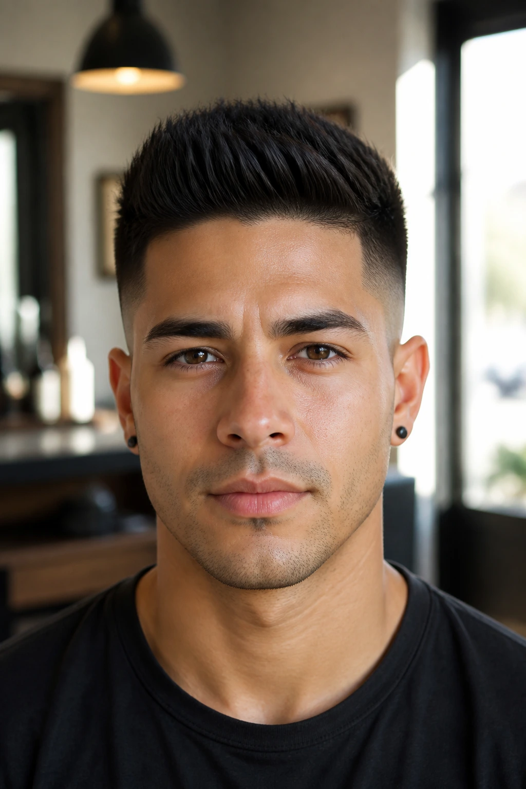 Close-up of a real person with a short, sharp quiff in a bright setting