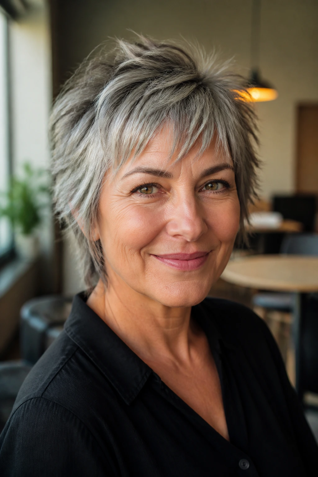Close-up portrait of a person with short piecey shag grey hair in an office setting