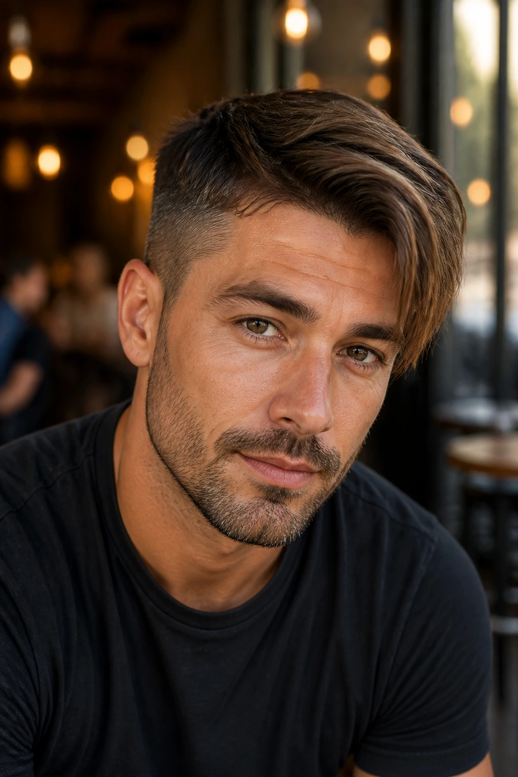 Close-up of a real man with short sides and long fringe in a modern setting