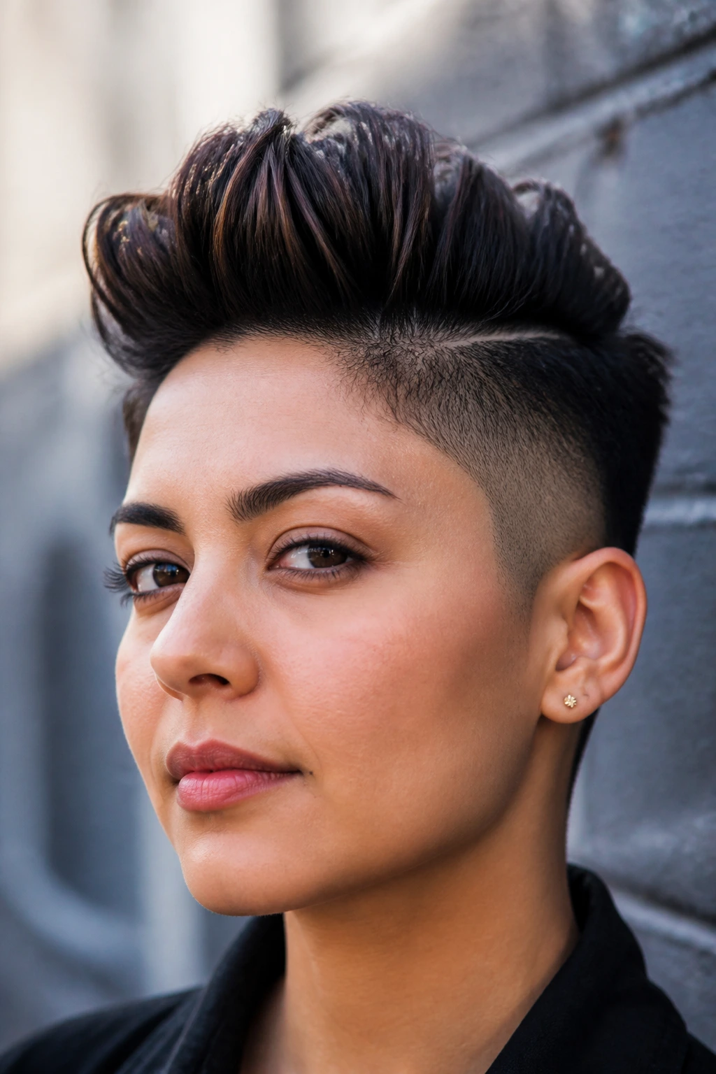 Close-up portrait of a real person with short sides long top quiff