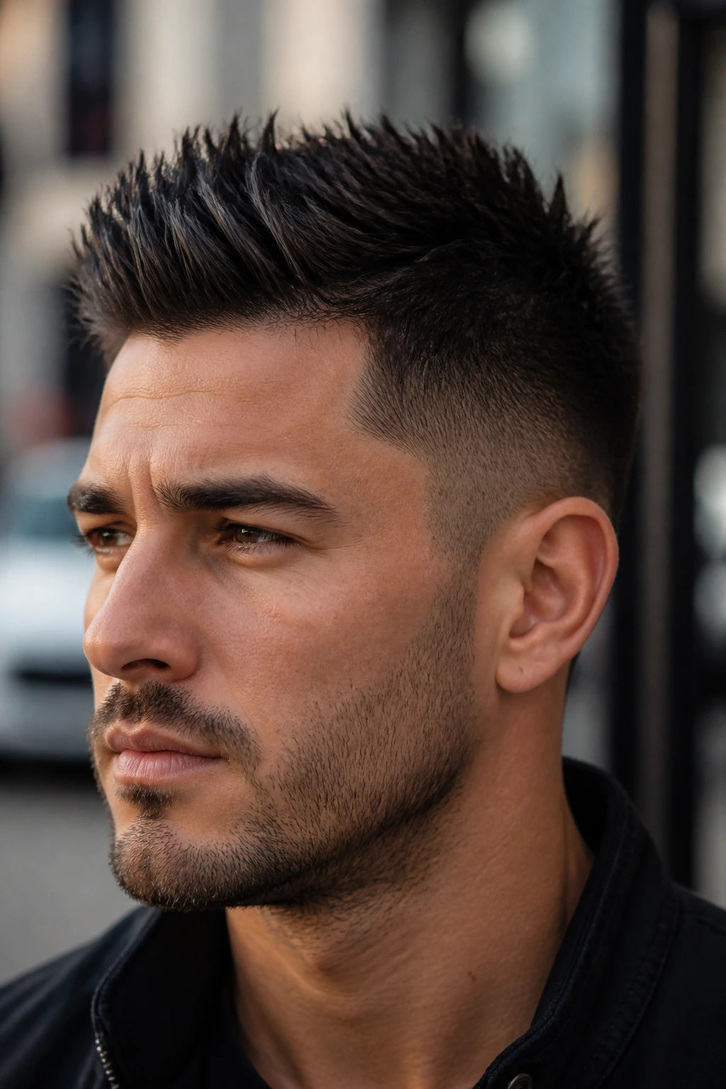 Close-up portrait of a real man with a short spiky top hairstyle in an urban setting