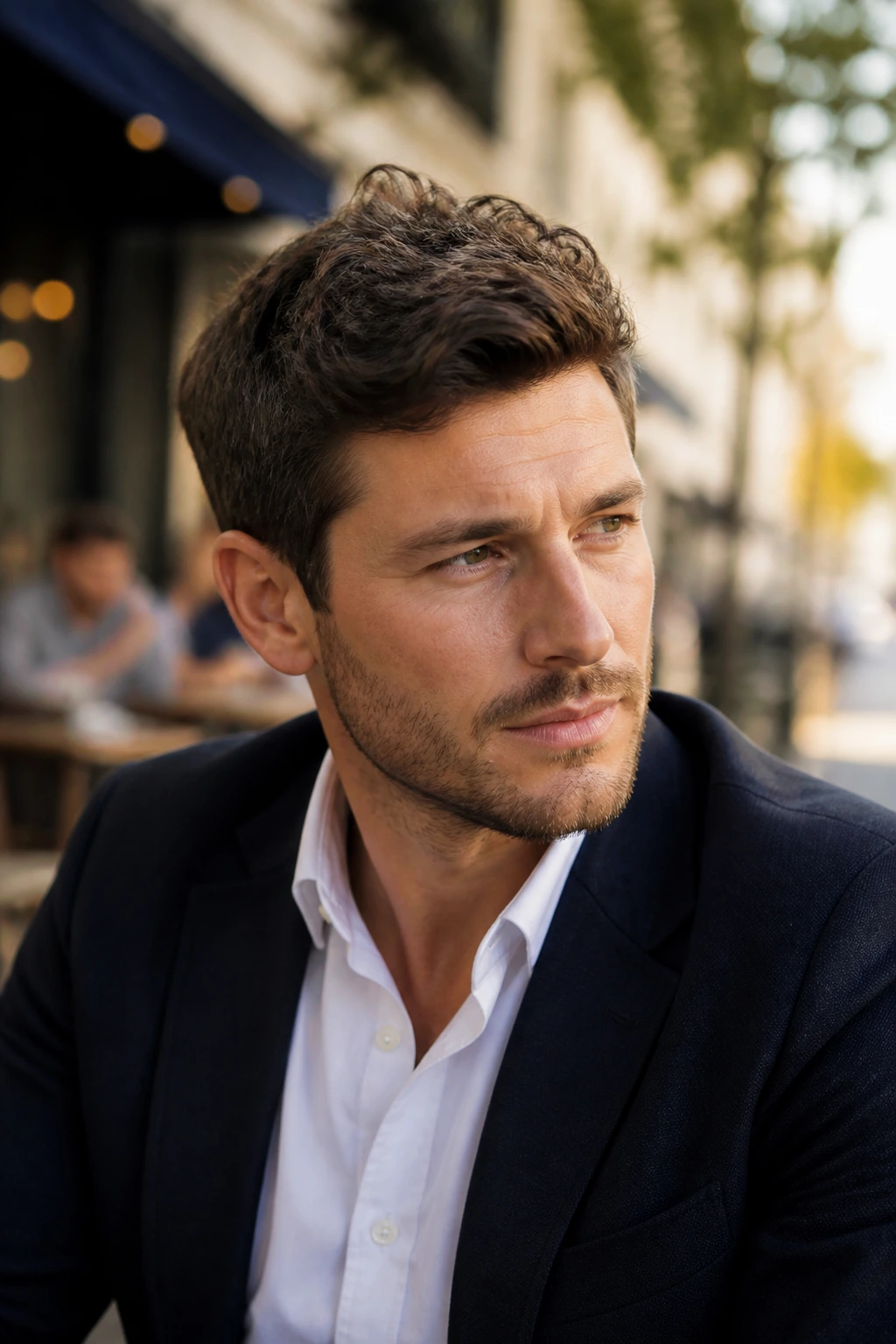 Close-up of a man with a short, wavy textured cut outdoors.