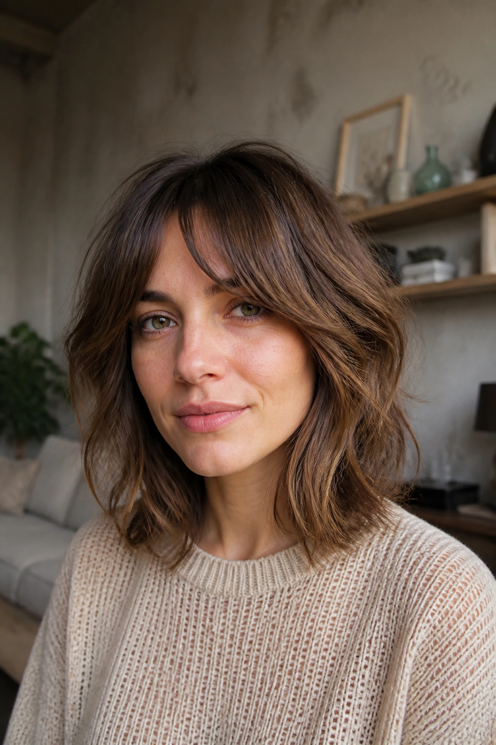 Portrait of a woman with shoulder-length shag and curtain bangs in natural living room light