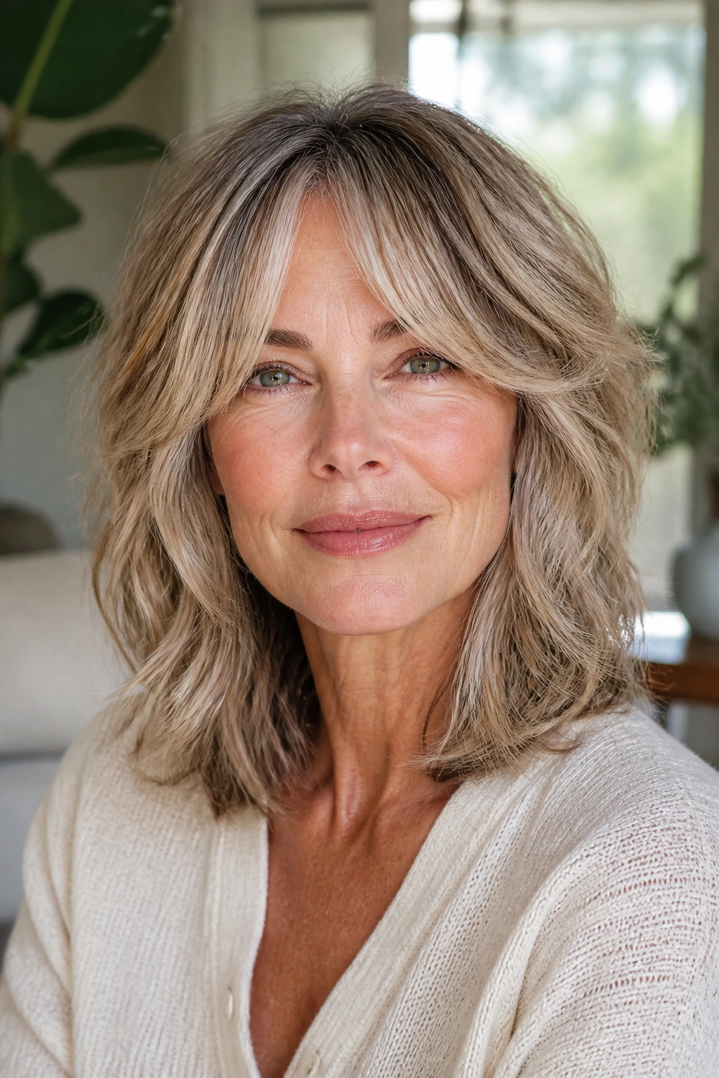 Portrait of a real woman with shoulder-length shag and curtain bangs