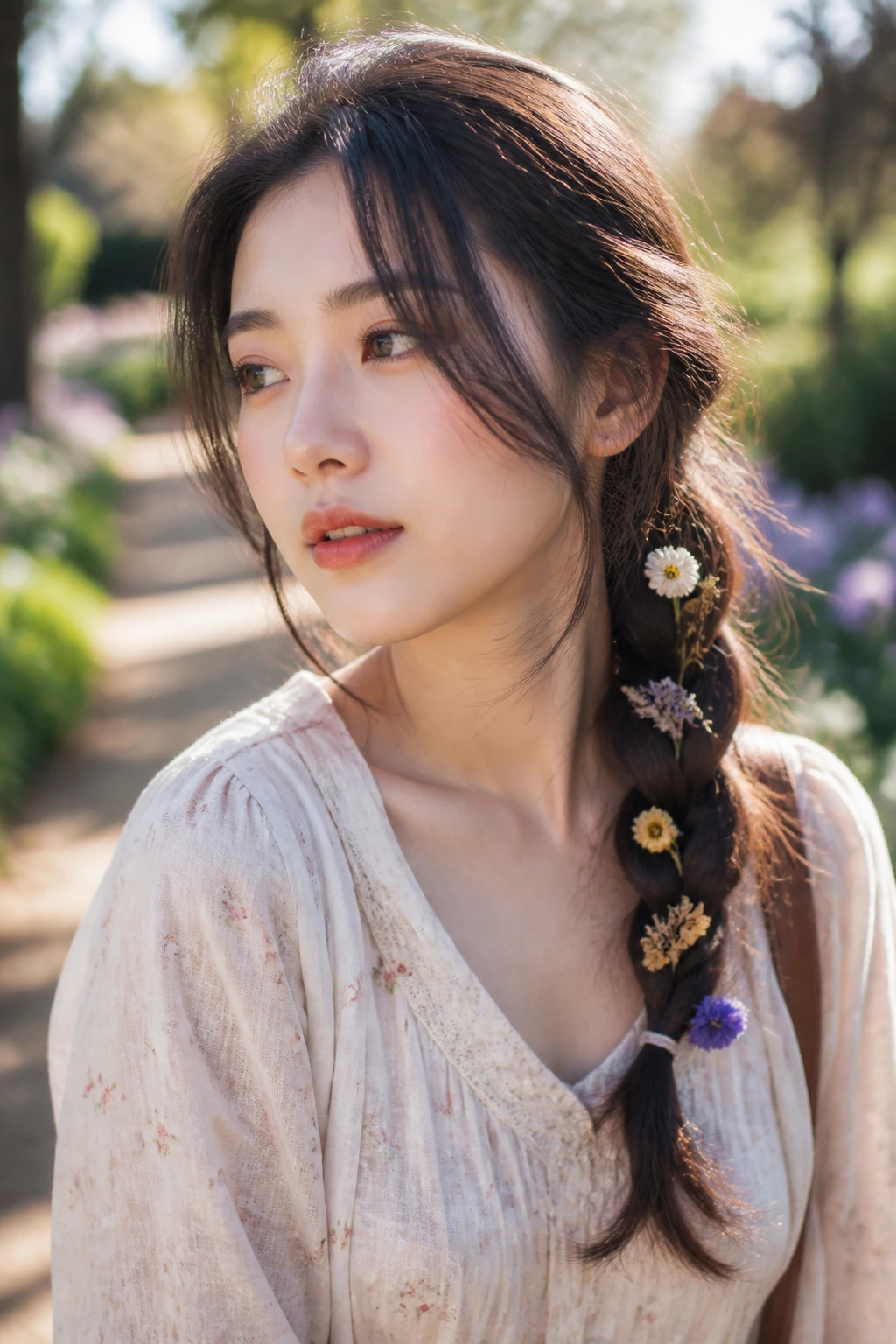 Close-up of a real woman with a side braid and pressed flowers outdoors