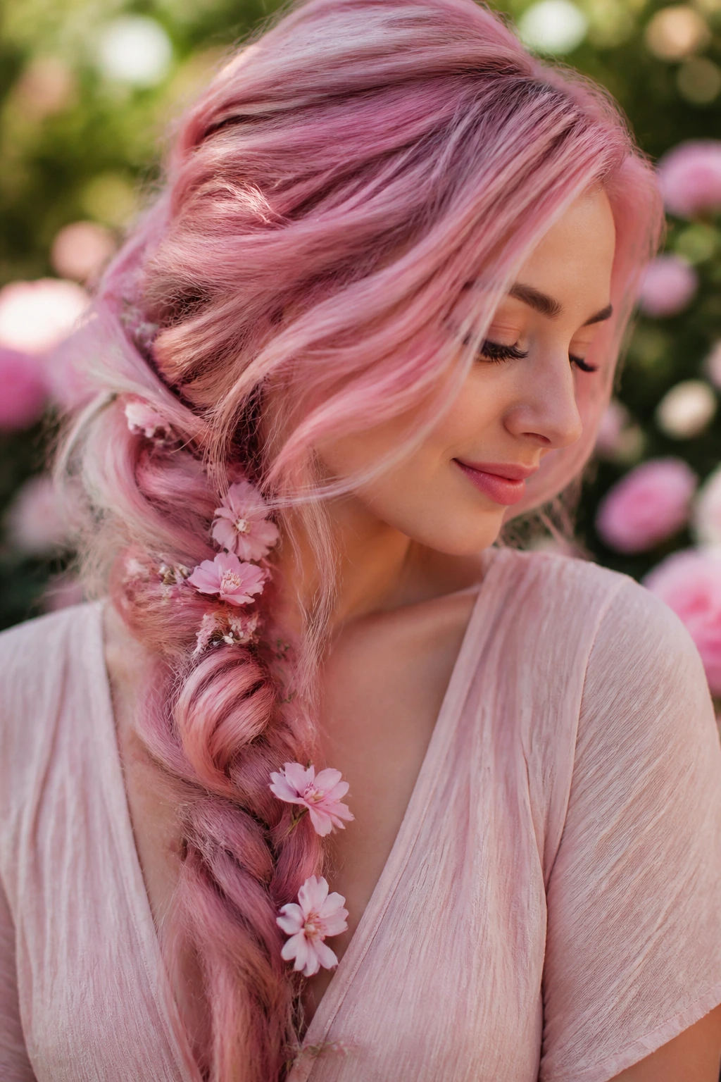 Real woman with loose side braid and floral details in pink hair