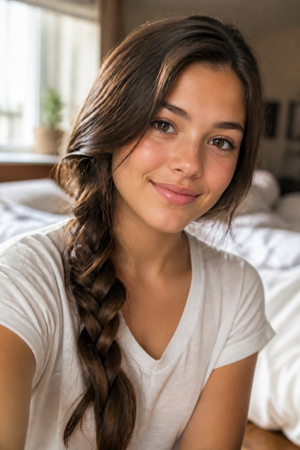Close-up of real person with a loose side-swept braid over shoulder