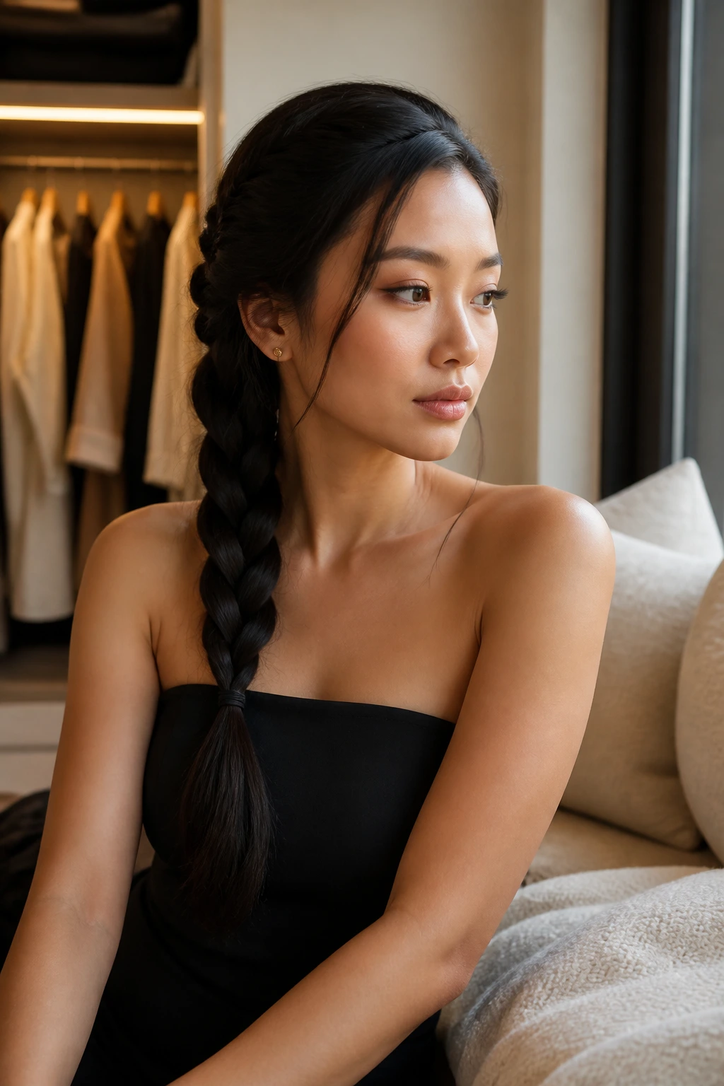 Portrait of a real person with a sleek side-braid and simple gold earrings in a stylish interior