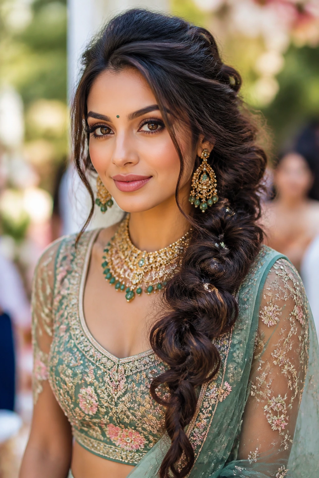 Portrait of a woman with a voluminous messy side braid outdoors