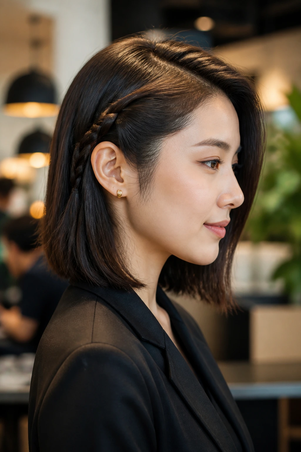 Side profile of a woman with lob and side braid behind ear