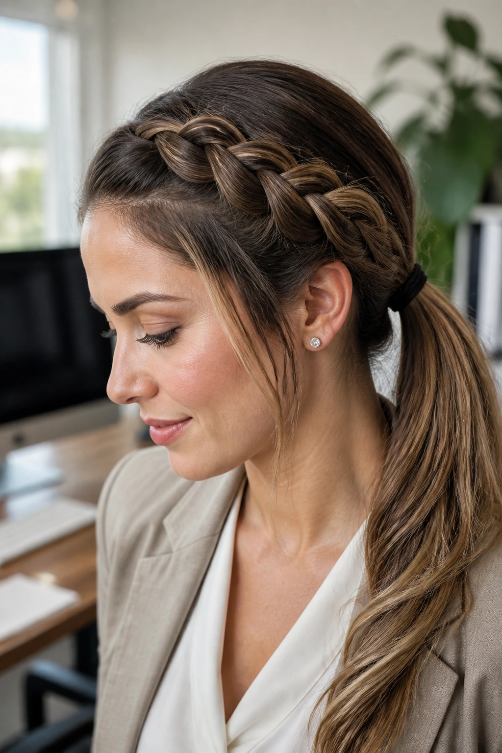 Close-up of a woman with a side-braided inverted braid ending in a glossy low ponytail in an office setting.