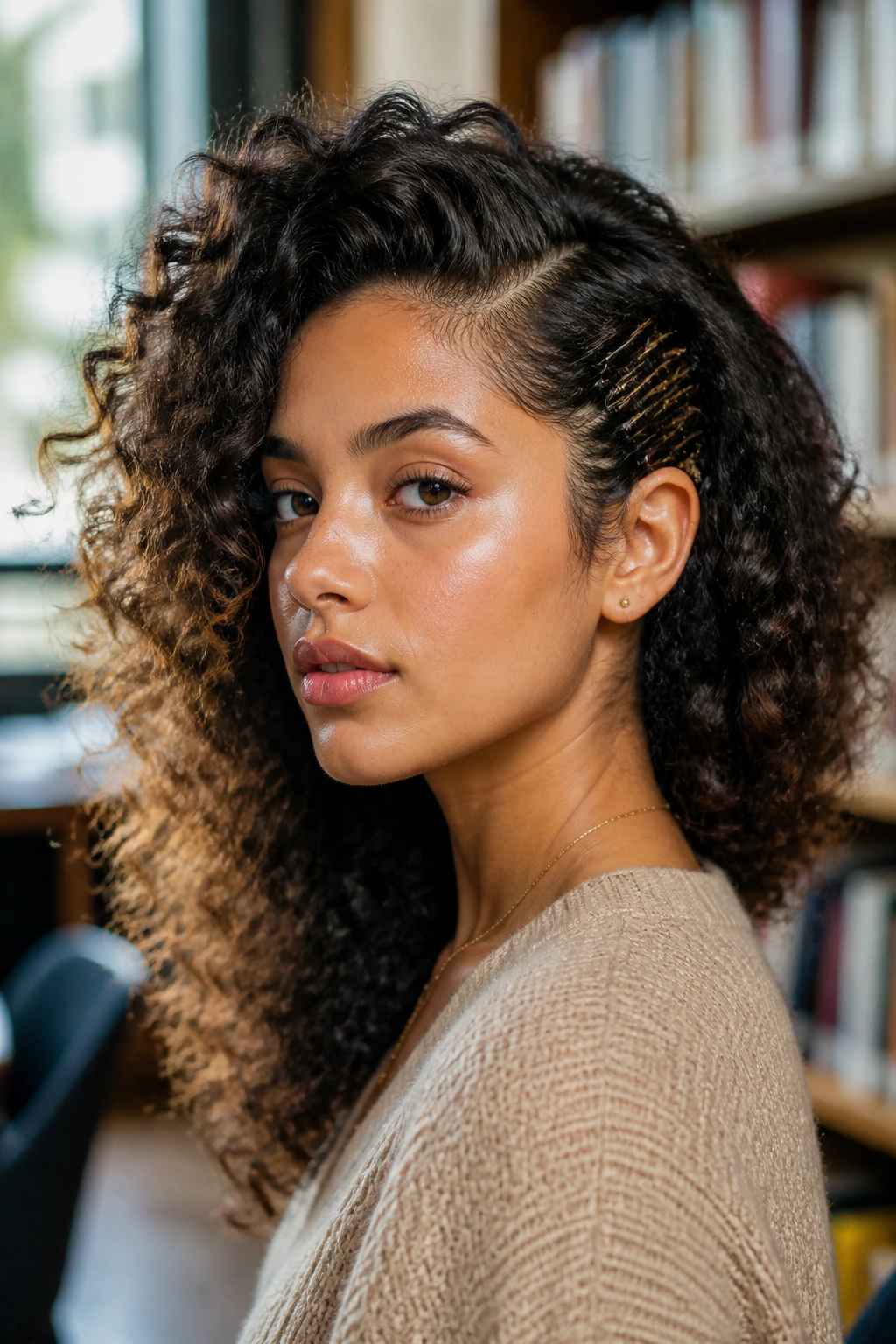 Close-up of a real person with voluminous side-part curls and bobby pins