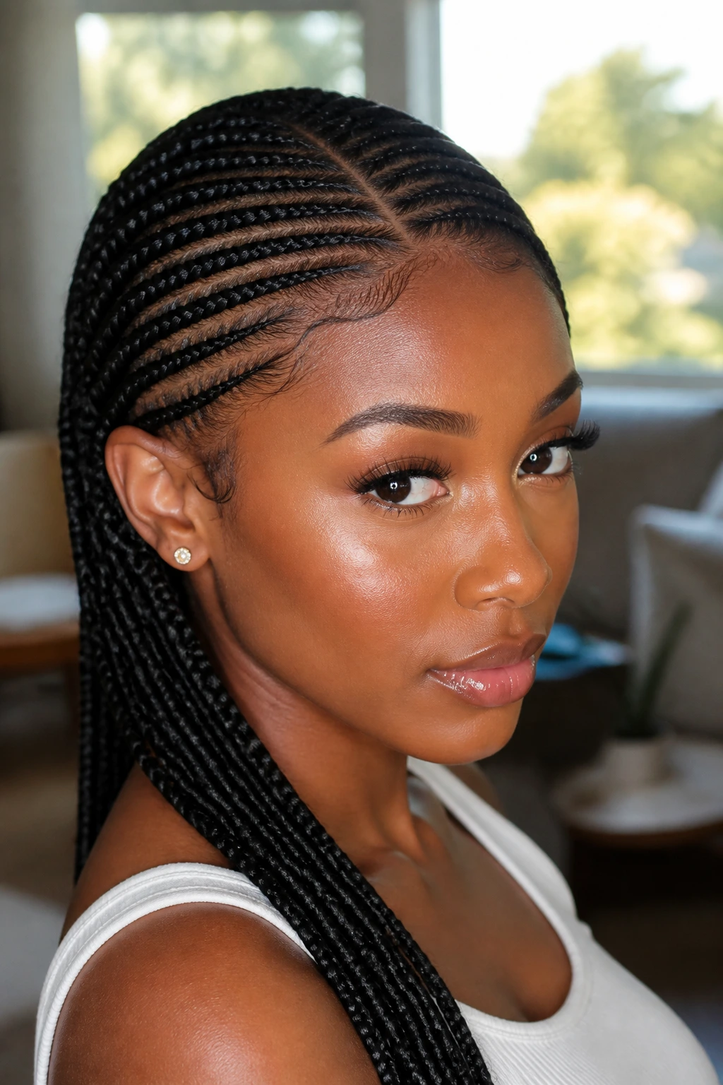 Close-up of a real woman with an elegant side-part cornrow hairstyle