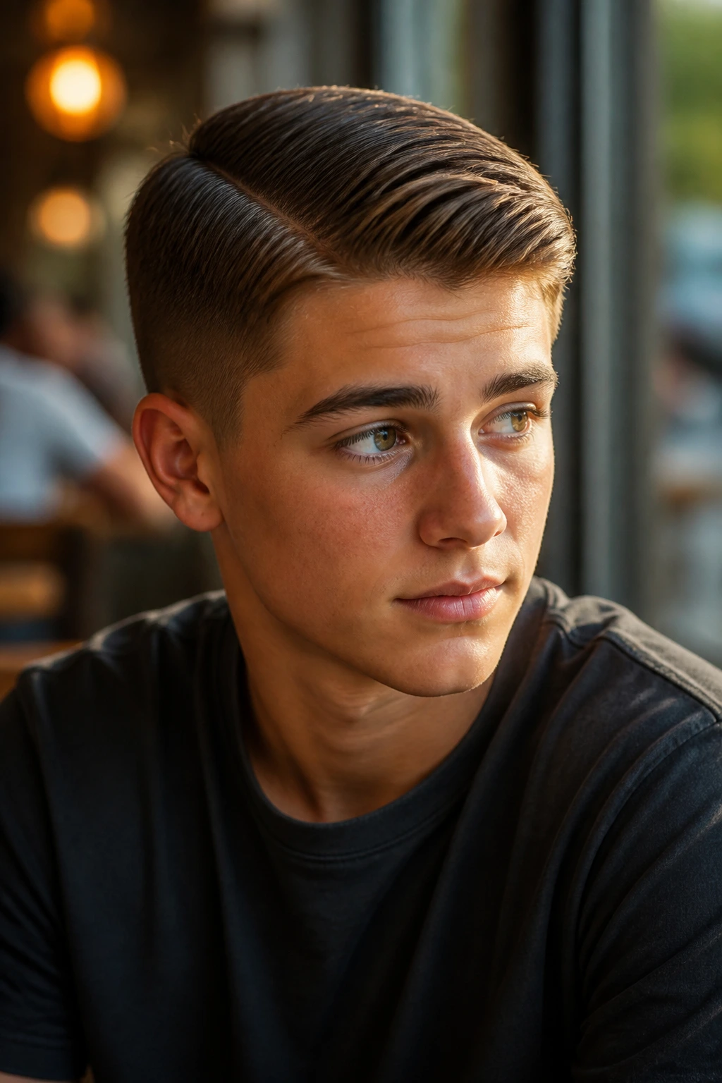 Teen with side-part crew cut in natural daylight