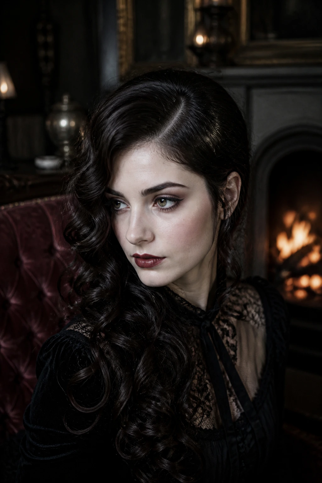 Portrait of a real woman with a deep side part and soft curls in a moody gothic room
