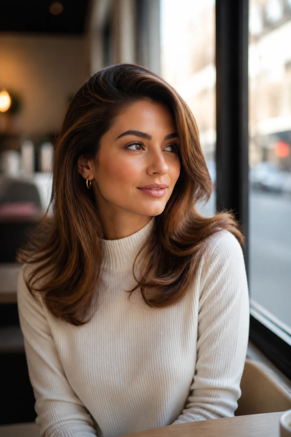 Woman with deep side part and flipped ends in natural daylight