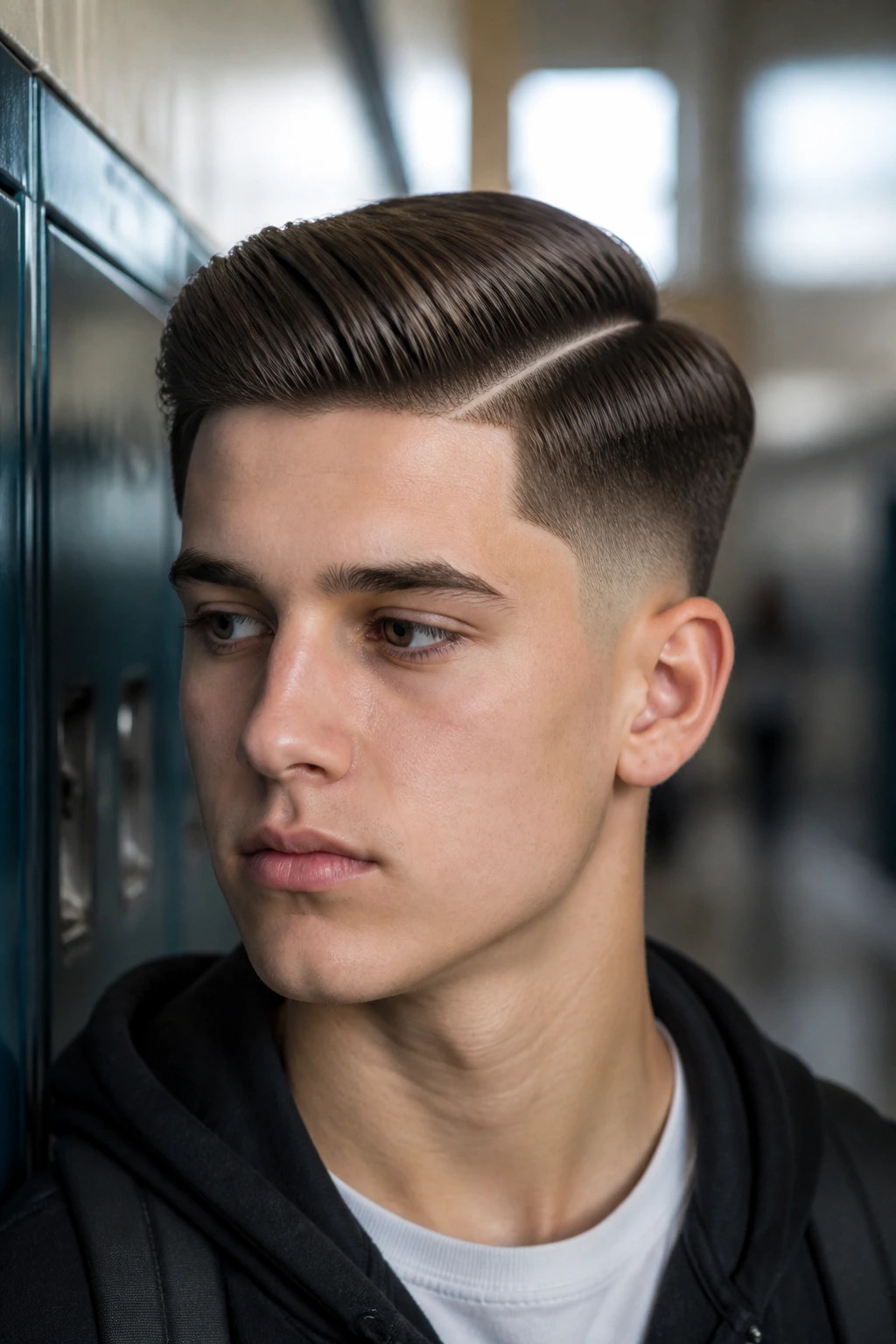 Close-up portrait of a real teenage boy with a side part and hard line
