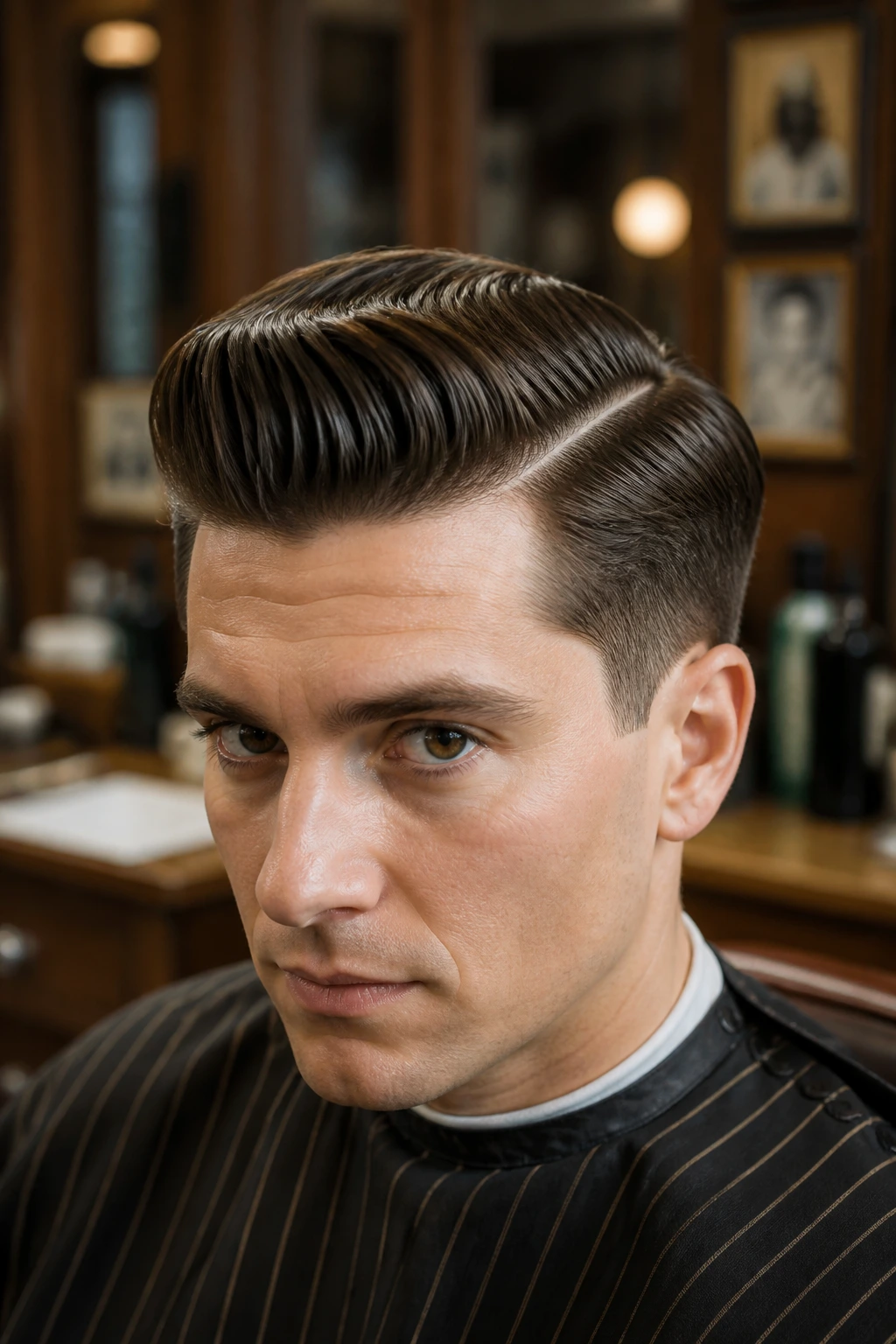 Close-up portrait of a man with a crisp side-parted pompadour in a barbershop.
