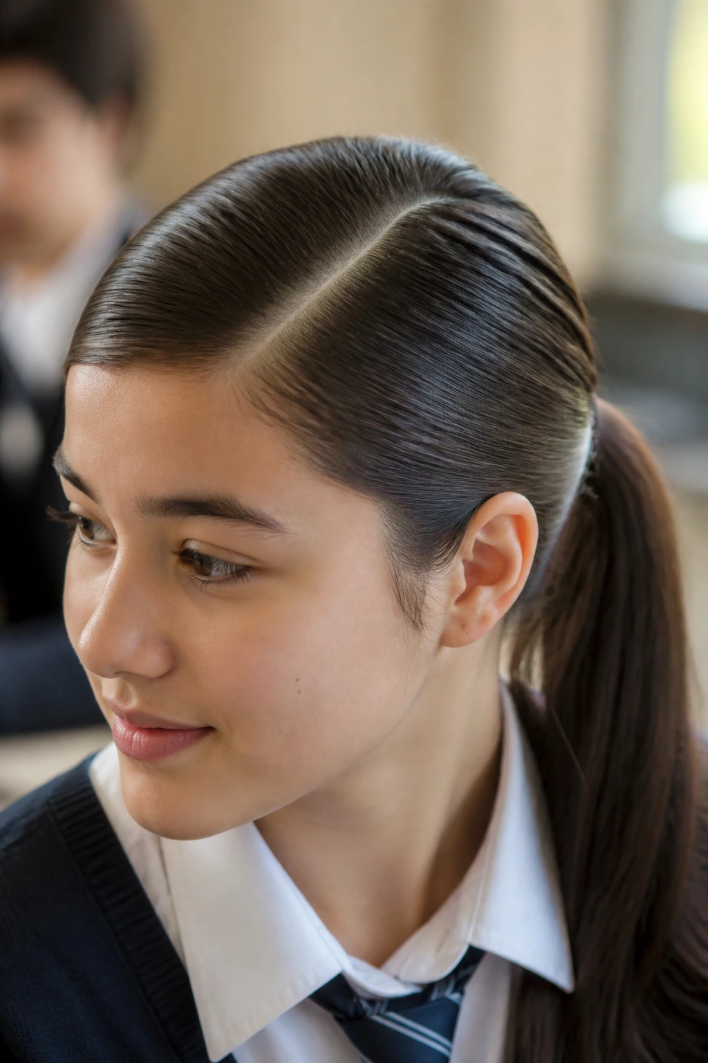 Close-up portrait of a real student with a deep side-part ponytail in a classroom