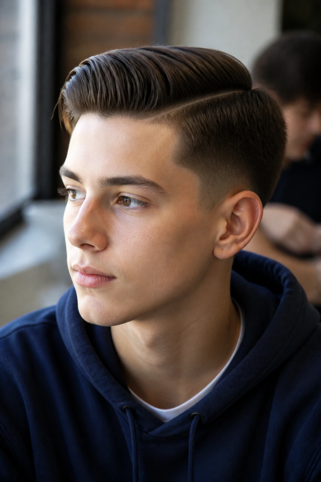Close-up portrait of teen with side-part taper in classroom light