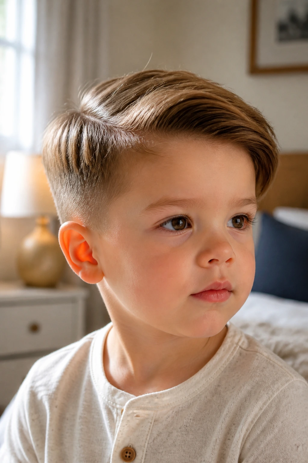 Close-up toddler with tapered sides and side-swept top.