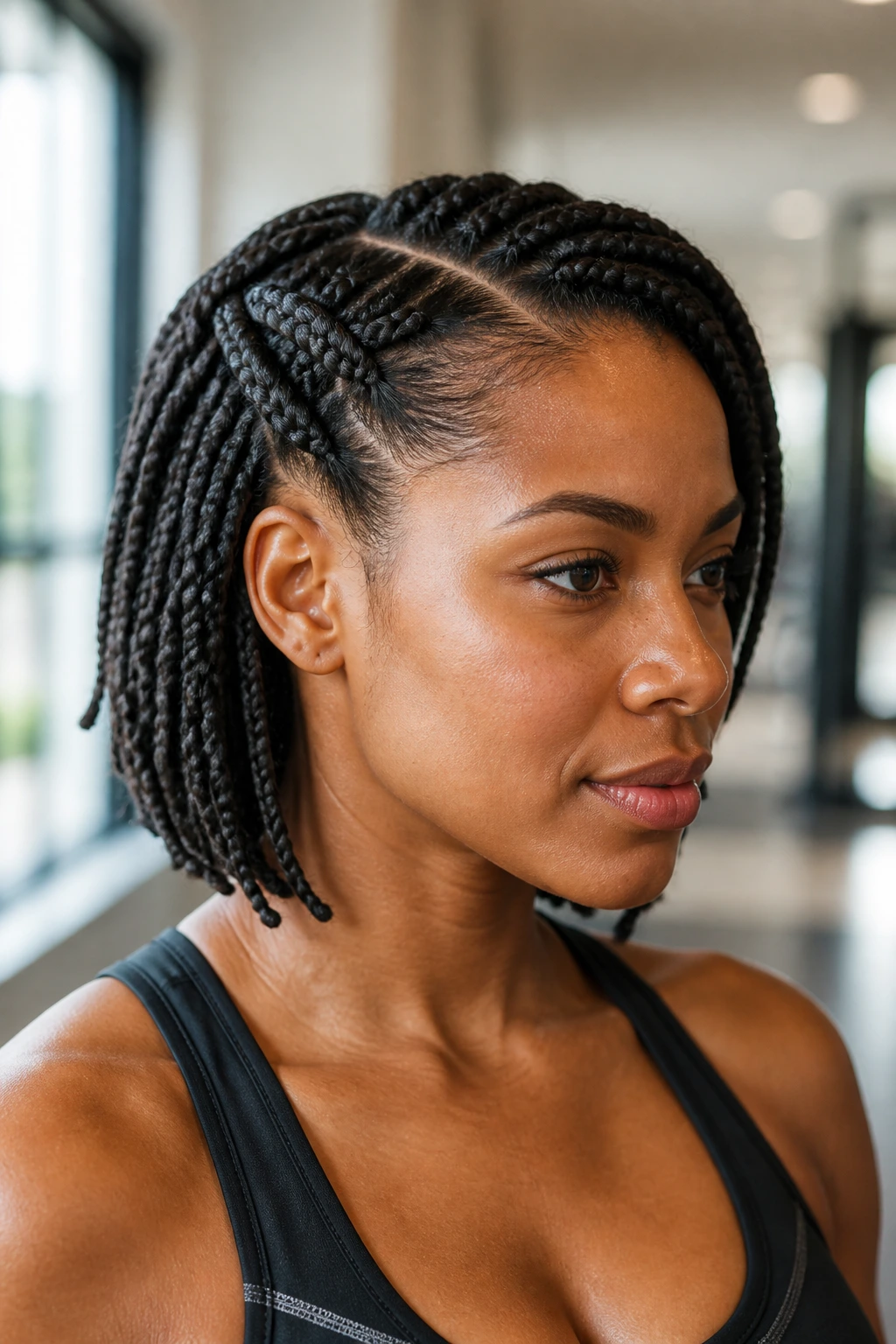 Portrait of a real person with a loose side-part twist securing hair from the face.